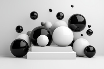 Abstract Black and White Glossy Spheres on White Platform