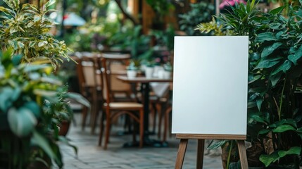Blank standing wooden board with blurred cafe chairs and potted plants in the background, ideal for promotions