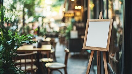 Blank wooden easel sign beside cafe window, surrounded by plants and blurred reflections for ad placement