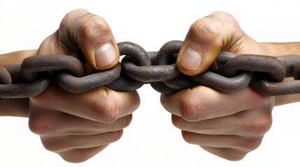 Strained hands gripping a heavy chain, symbolizing struggle or resistance.