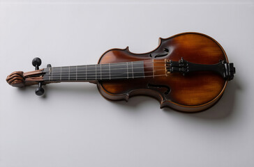 Fototapeta premium A brown wooden violin with black tuning pegs and tailpiece is positioned horizontally against a plain white background, showcasing its elegant curves and details.