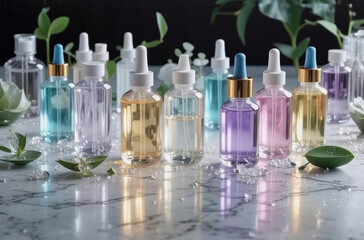 Various bottles with dropper lids filled with colorful liquids are displayed on a marble surface, accompanied by green leaves and small crystals, suggesting natural beauty products.