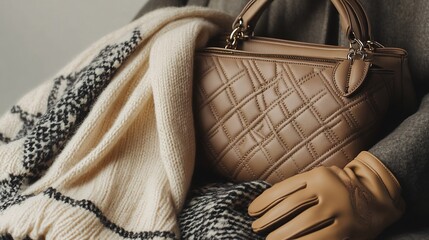 Luxury winter handbag accessories flat lay A detailed shot of designer winter accessories including gloves a handbag and a scarf
