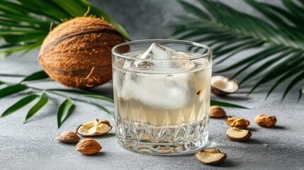 Coconut water served with ice cubes in a clear glass, surrounded by tropical decor palm leaves, nuts, and coconut shells on grey.