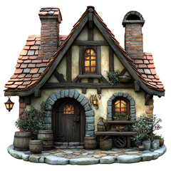 Charming Rustic Cottage with Brick and Wooden Details Surrounded by Garden Plants and Pathway Under Evening Glow