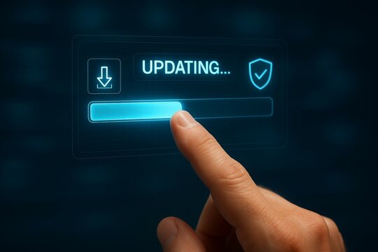 Finger touching digital updating progress bar on transparent screen interface - Powered by Adobe