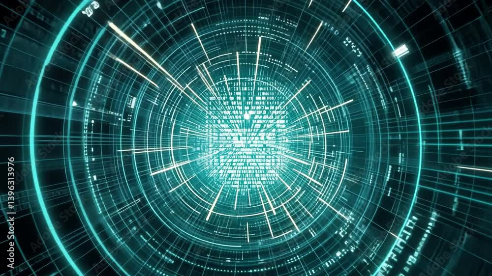 Poster futuristic digital tunnel glowing lines and binary code create depth and movement in vibrant teal an