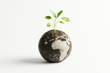 Small green sprouts emerging from a miniature globe on dark soil representing growth and sustainability.