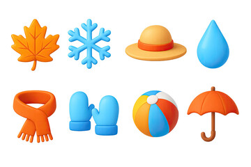 3D vector icons of seasonal items: autumn leaf, snowflake, sunhat, raindrop scarf, mittens, beach ball, umbrella. Warm and cool 3D tones