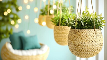 Obraz premium A cozy indoor space featuring hanging woven baskets with lush greenery, soft pillows, and warm ambient lighting.