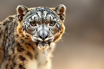 Obraz premium A close-up portrait of a snow leopard showcasing its striking features and unique fur pattern against a soft, blurred background.
