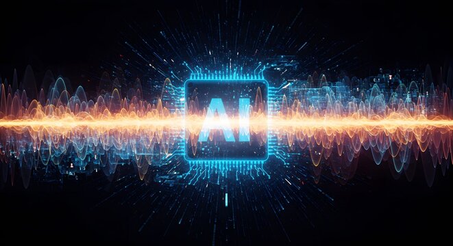 Abstract AI data flow with binary code and digital waves digital photo