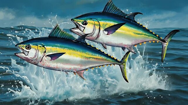 Two vibrant tuna fish leaping from the ocean's surface in dynamic motion. World Tuna Day