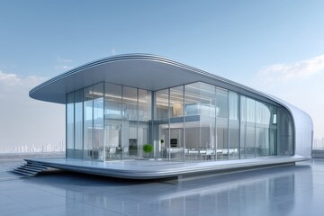 Futuristic glass building with curved roof and sky reflection on surface in a bright setting