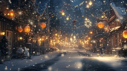 Magical snowfall night peaceful town street under a soft snowfall glowing lanterns and holiday decorations