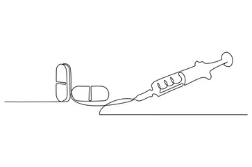Continuous one line drawing of medicine in the medical syringe. Single line drawing illustration of Pills with syringe. Medical drugs concept vector art. Doodle line illustration.