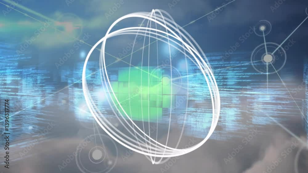 Poster processing data, digital network connections animate over abstract technology background