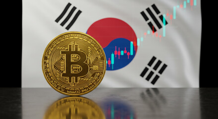 A bitcoin coin with the south korean flag and a stock chart in the background on a shiny surface