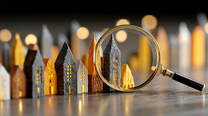 A magnifying glass hovers over a miniature city model, symbolizing precision in land surveying, urban planning, and the meticulous attention to detail in modern geographic analysis.

