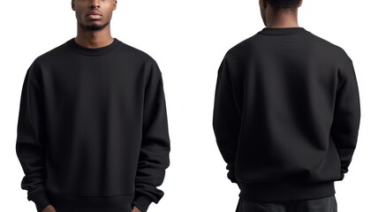 Plain black crewneck sweatshirt for a mockup, shown from both the front and back. isolated on white background
