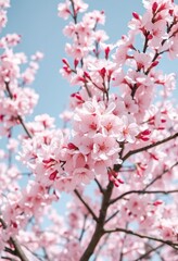 Obraz premium Full bloom sakura tree, delicate pink and white petals against a clear sky, background, floral