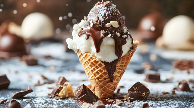 un delicioso cono de nieve cono de helado sabor vainilla con chocolate derretido y trozos de chocolate en el fondo con espacio de copia postre dulce y refrescante para el verano