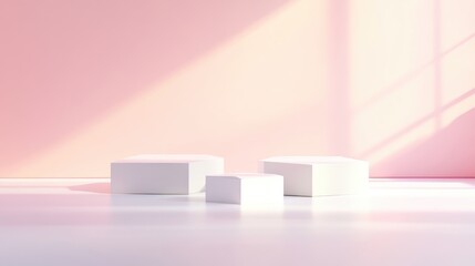 Minimalist white podiums on a soft pink background