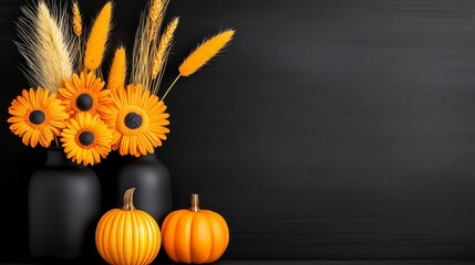Autumnal Still Life with Orange Pumpkins and Dried Flowers