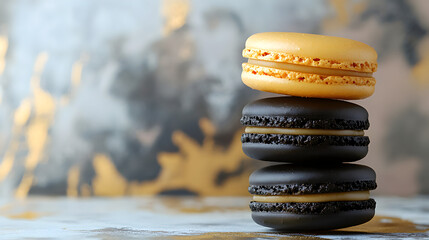 diseño de fondo elegante con espacio de copia con una pila de macarrones deliciosos estilo frances en colores elgantes negro y dorado