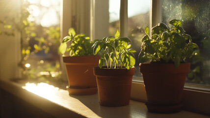 A small kitchen herb garden in clay pots featuring basil, chives, and oregano, set on a windowsill with sunlight streaming through
