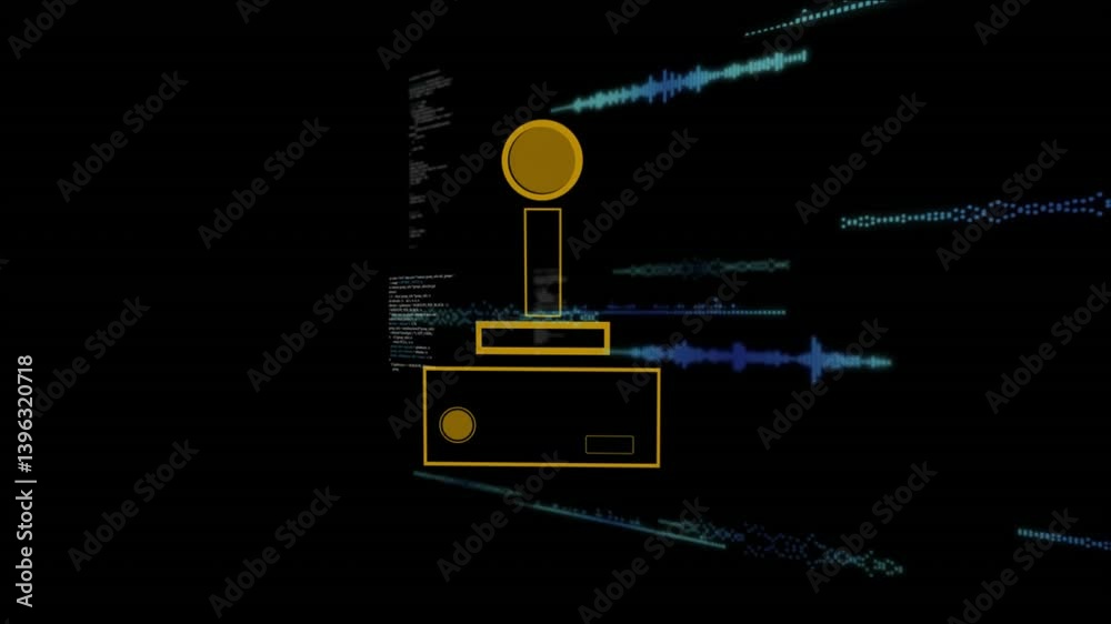 Poster Animation of yellow joystick over digital sound waves and coding background
