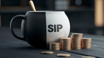Black and White Mug with SIP and Gold Coins on Dark Wood