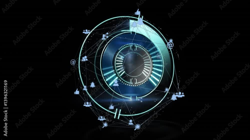 Poster animation of glowing circular elements with network icons on futuristic interface