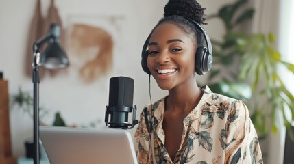 Smiling young woman blogger recording an online course on her laptop in a stylish home office, with clean modern decor and high-speed internet