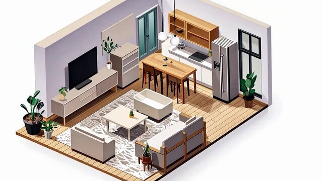 Modern isometric living room with kitchen area, stylish furniture, plants, and natural light