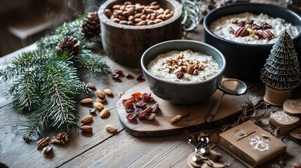 Minimalist Christmas breakfast a Nordic home simple wooden table with warm porridge nuts dried fruits and fresh pine branches soft morning light