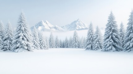 Fototapeta premium Snowy Forest with Mountains Serene Winter Landscape High Resolution Panoramic View Pristine Snow Peaceful Scene Winter Wonderland Cold Blue Tones Ideal for Holiday Cards