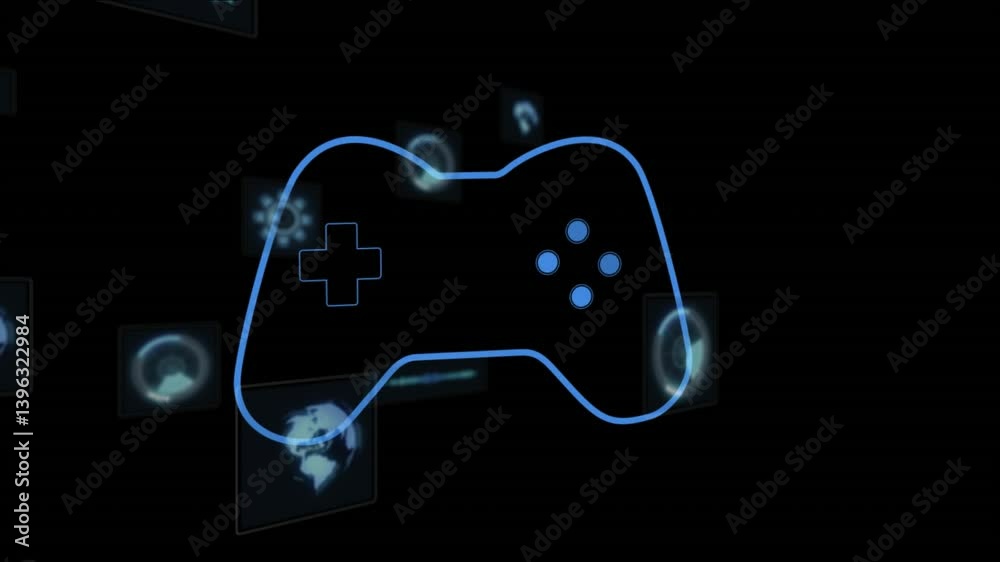 Poster animation of glowing game controller with digital icons floating in dark background