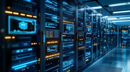 Server room Glowing servers in a narrow corridor with a blurred background and low ceiling