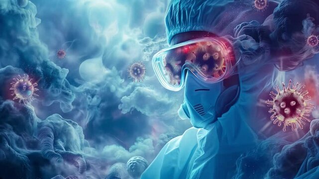 Medical Professional In Hazmat Suit Surrounded By Virus Particles In Sci-Fi Environment