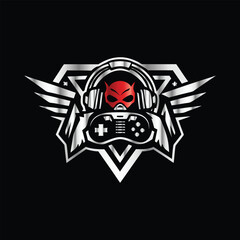 video game controller logo template vector icon illustration design isolated on black background. Devil sport gaming logo template vector. Headphones, joystick, gamepad, headset symbol.  
