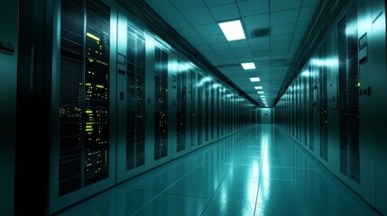 Fototapeta premium Server Room Rows of servers in a cool-toned, well-lit server room, showcasing advanced data storage infrastructure