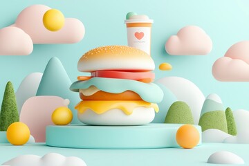 Cartoon Burger in Pastel Landscape 3D Render of Whimsical Food Illustration