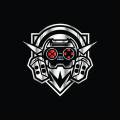 video game controller logo template vector icon illustration design isolated on black background. Devil sport gaming logo template vector. Headphones, joystick, gamepad, headset symbol.  