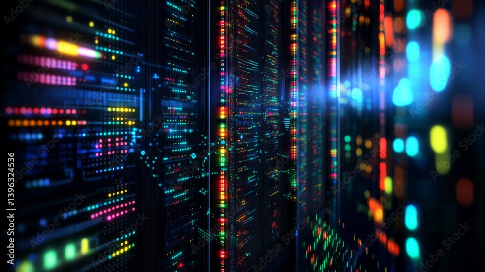 Wall mural servers glow in a colorful, interconnected network, conveying data processing and digital infrastruc