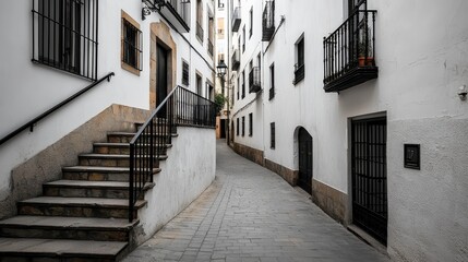 Obraz premium Cobblestone Alleyway Between Whitewashed Buildings in a European Town