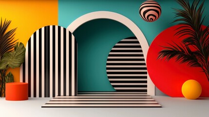 Fototapeta premium Colorful Abstract 3D Render with Geometric Shapes and Tropical Plants