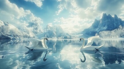 Fototapeta premium Majestic Swans on a Crystal Clear Winter Lake, Surrounded by Snow-Capped Mountains. A Serene and Peaceful Scene of Nature's Beauty