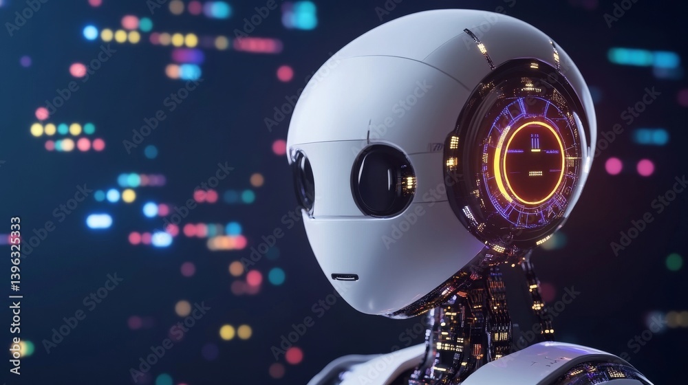 Wall mural sleek humanoid robot with glowing circuitry, against a colourful bokeh background