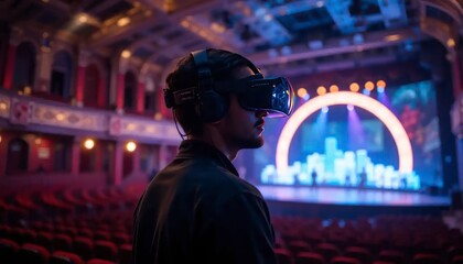 Man Experiencing Virtual Reality Concert Using Vr Headset in Theater